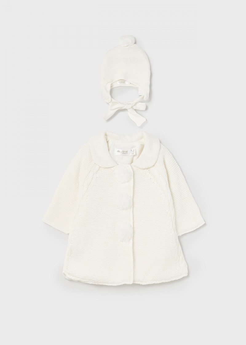 Palton alb tricot cu caciula pentru nou-nascut 2497 MYG08M